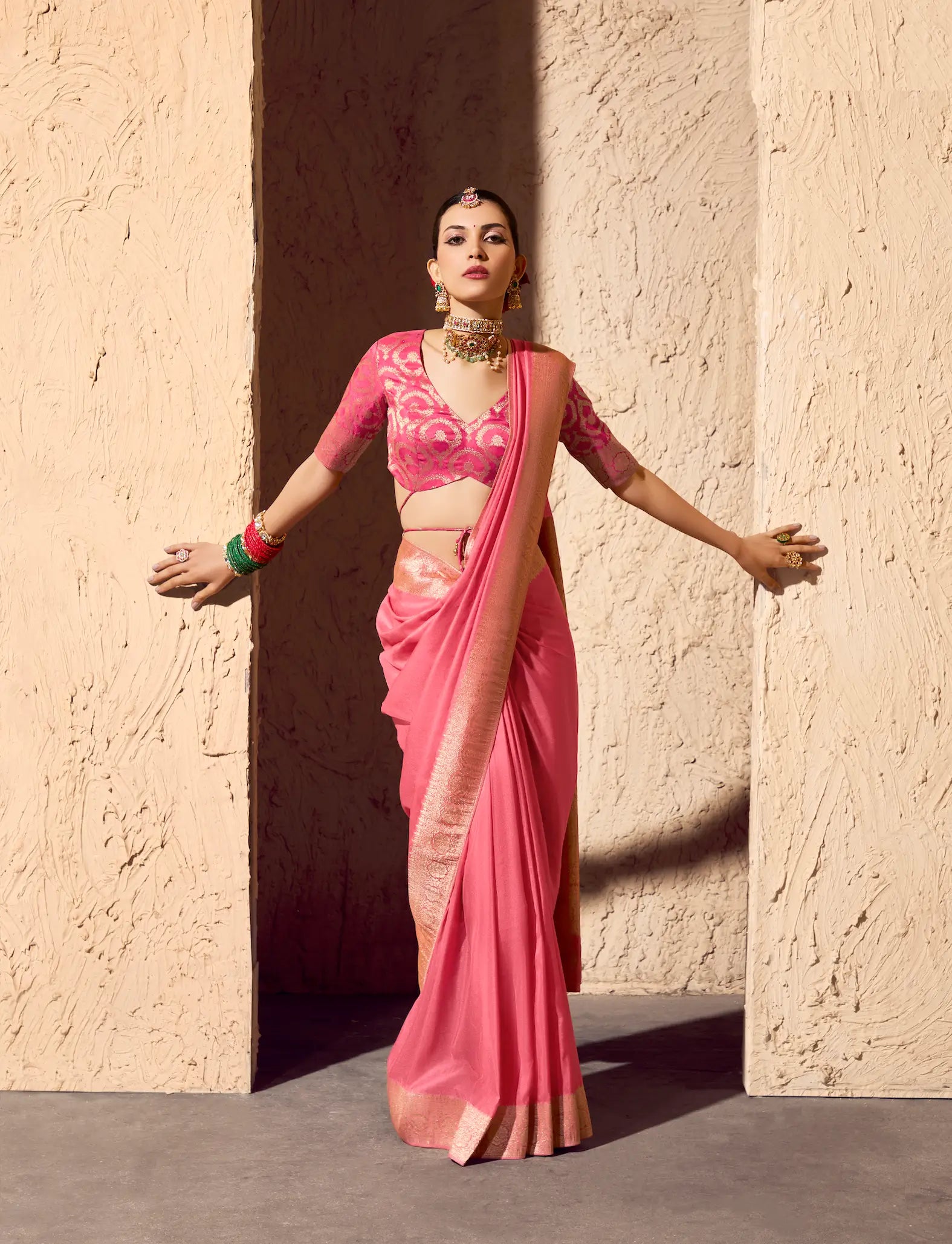 Peach Pink Georgette Zari Weaving Saree