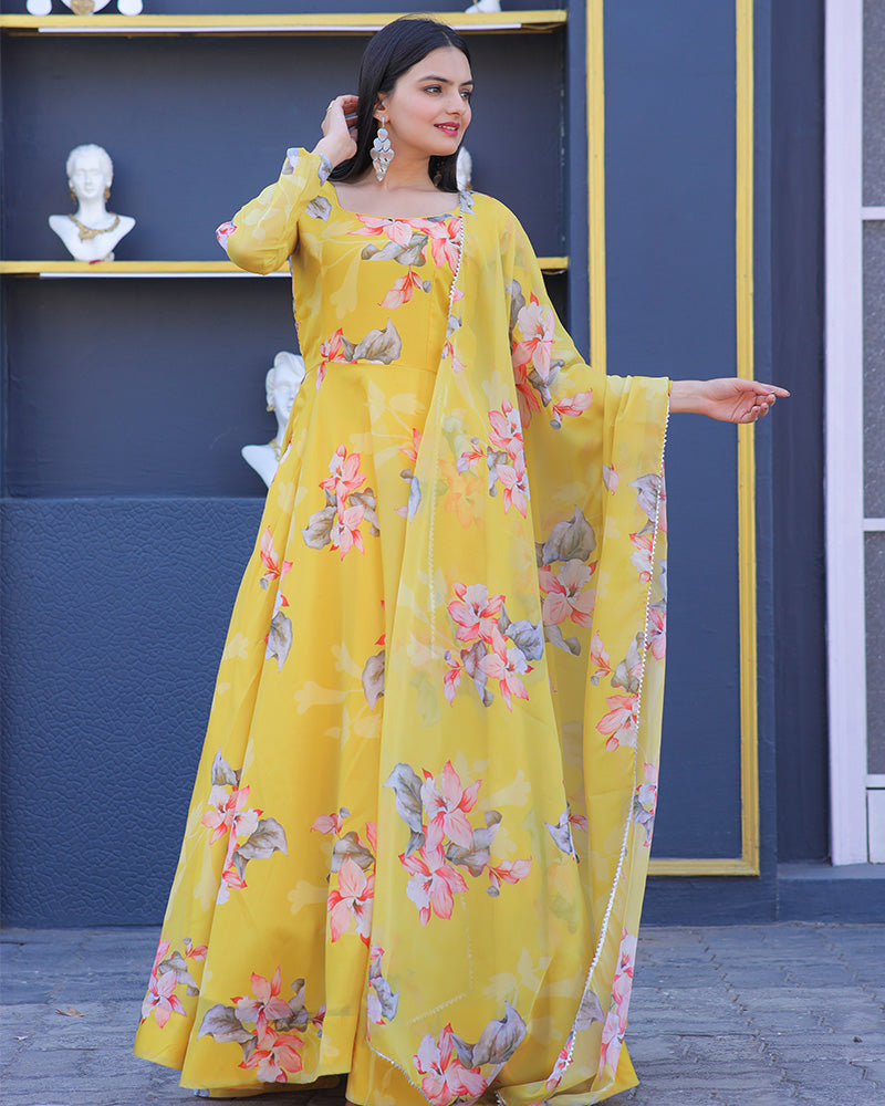 Yellow Colour Printed  Tebby Silk Anarkali Suit  - By Qivii