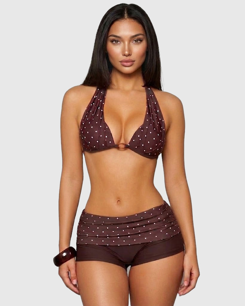 Polka Dot Halter Ring Bikini with Ruched Swim Shorts Set  - By Qivii