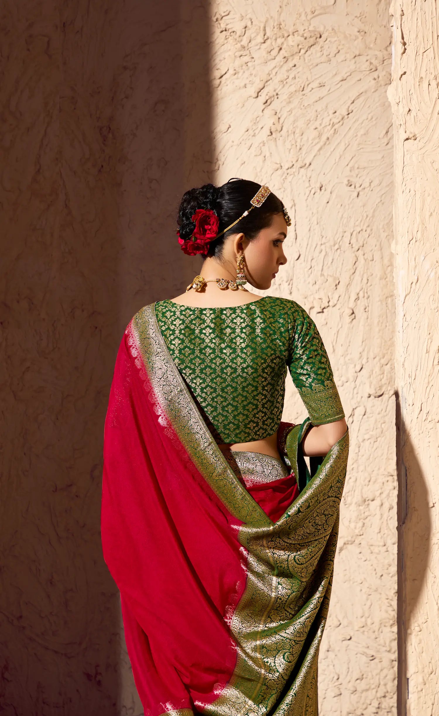 Bright Red Georgette Zari Weaving Saree