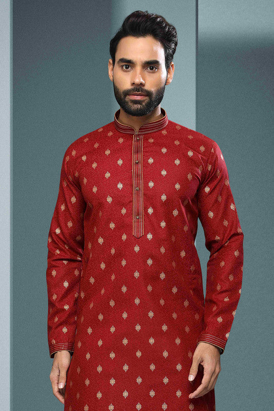Men's Cotton Digital Print Pintux Work Kurta Pajama In Maroon Colour