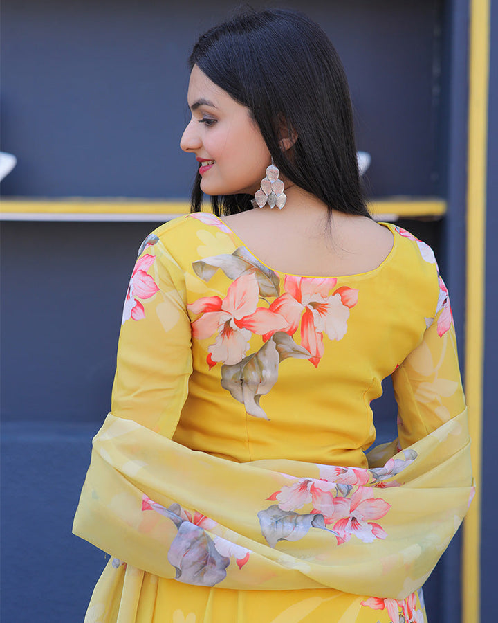 Yellow Colour Printed  Tebby Silk Anarkali Suit  - By Qivii