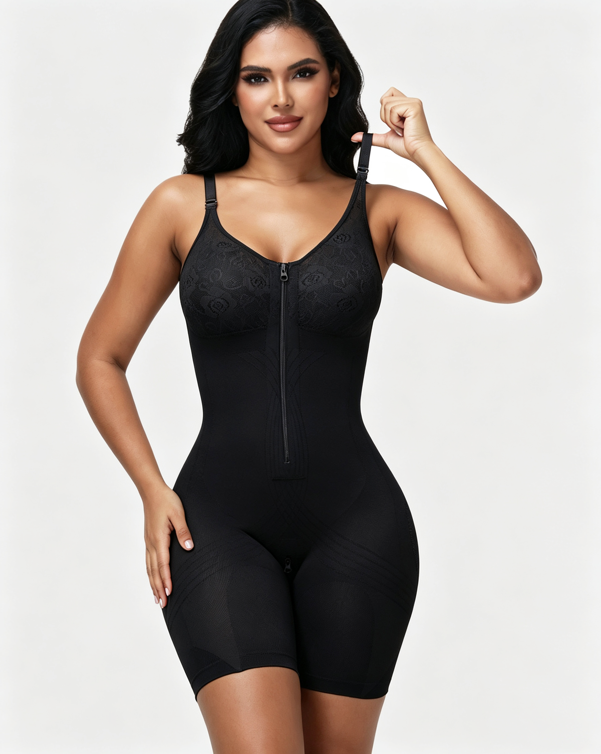 High Compression Adjustable Strap Mid Thigh Front Zipper Lace Full BodyShapewear