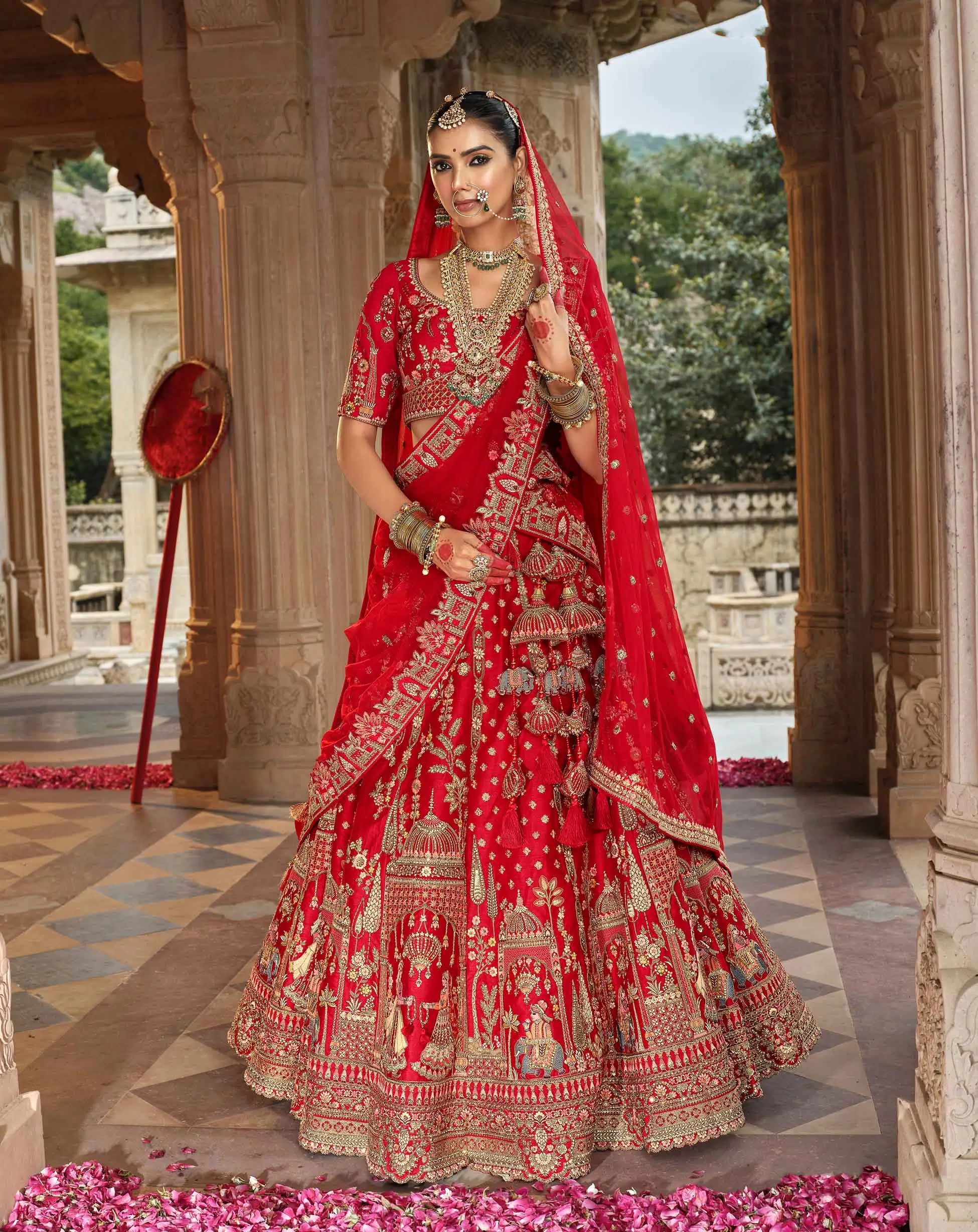 Red Khatli Embroidery Bridal Lehenga With 2 Dupatta - qivii