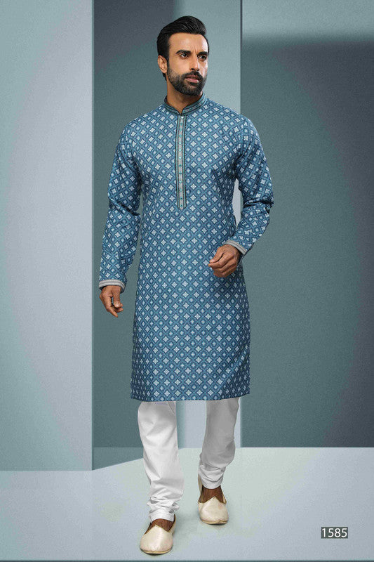 Men's Cotton Digital Print Mirror Work Kurta Pajama In Blue Colour