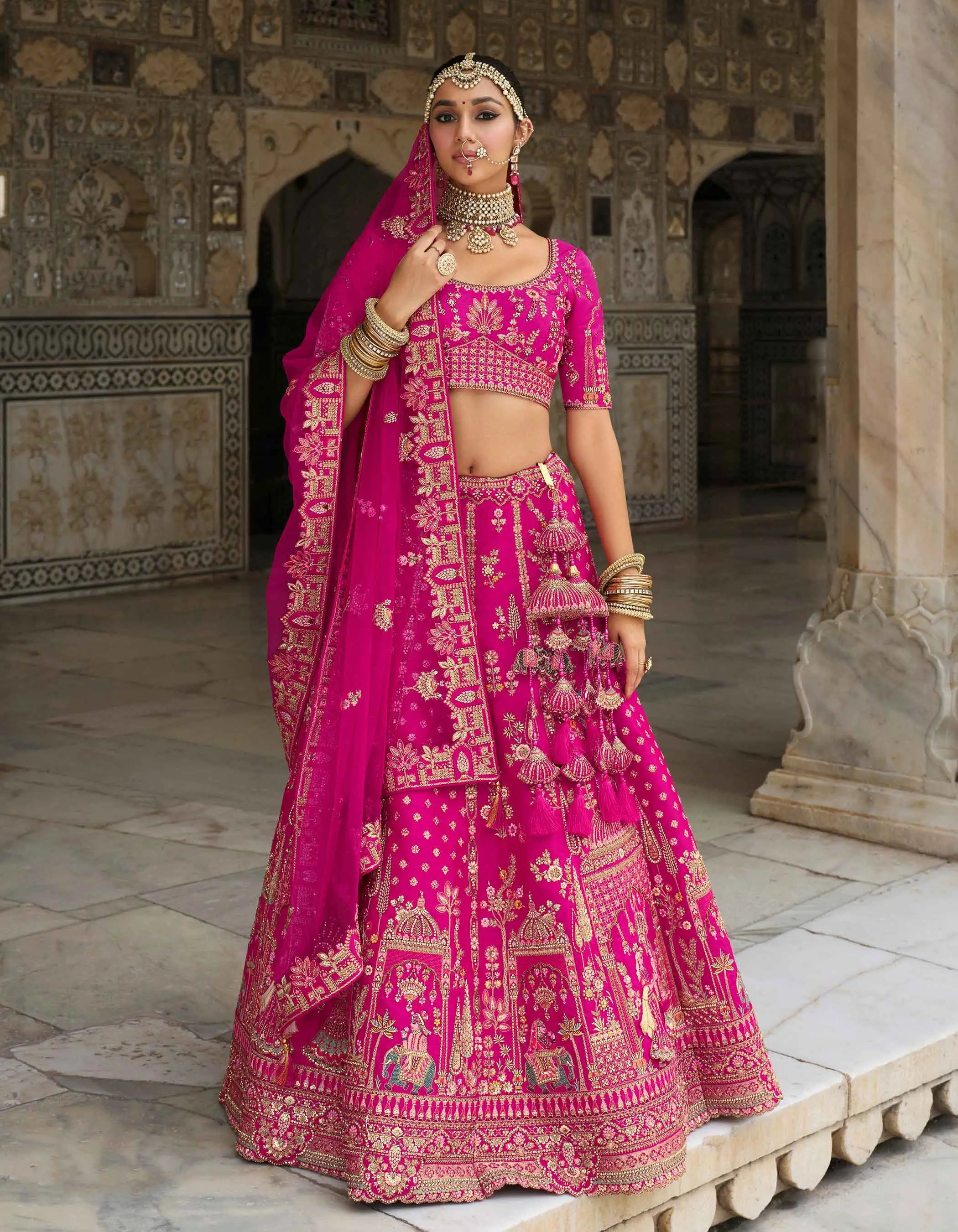 Dark Pink Bridal Lehenga Khatli Embroidery & 2 Dupatta - qivii