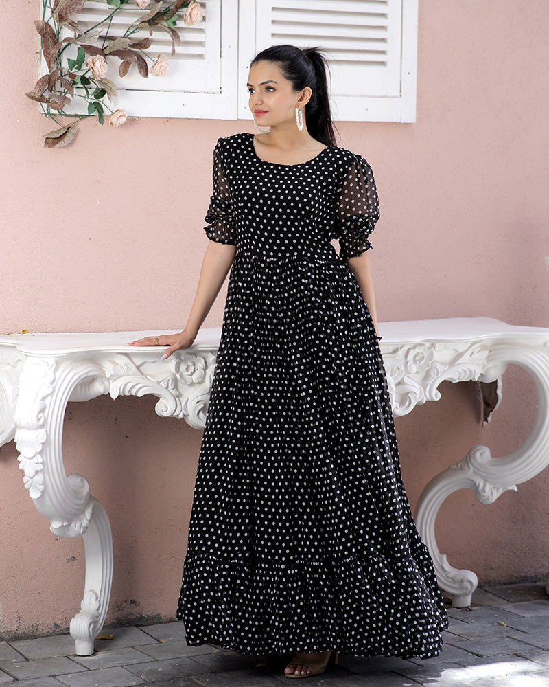 Black Color Georgette Designer Printed Gown  - By Qivii