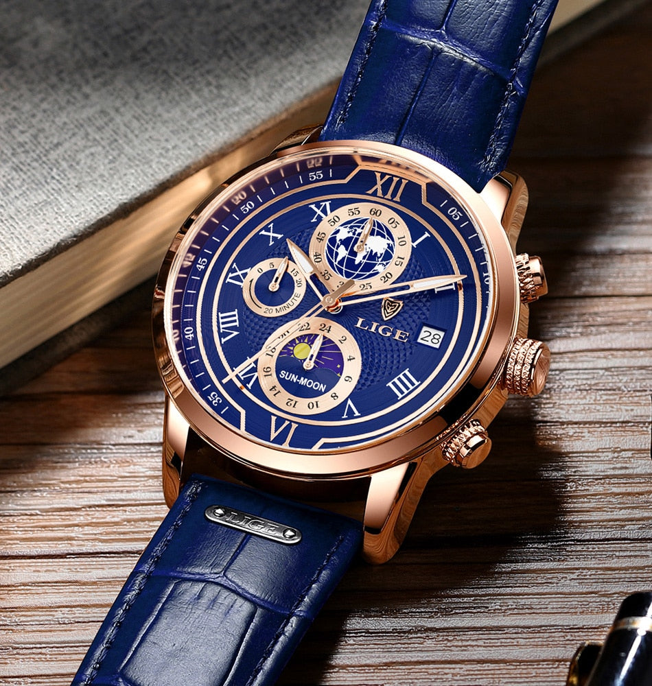 Luxe Chronograaf Horloge met Echt Leren Band  - By Qivii