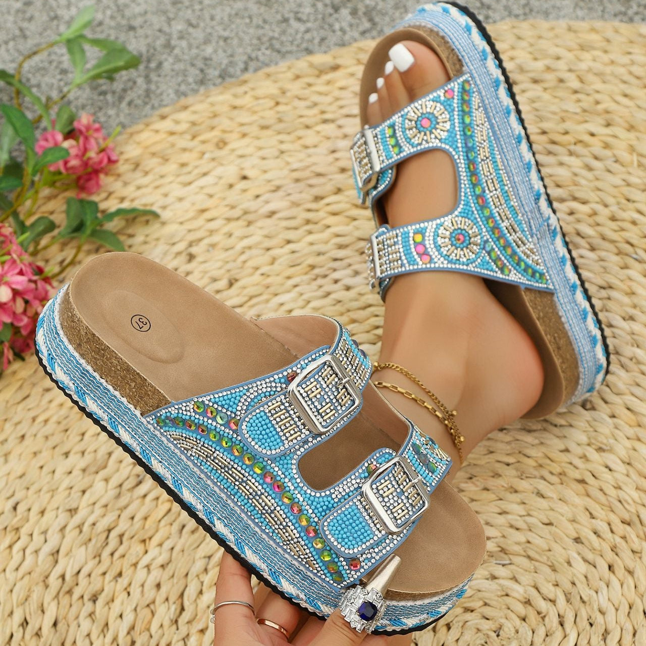 Women’s Calyra Rhinestone Platform Slide Sandals – Boho Metallic Buckle Rope Detail Resort Slides (US 5–10.5)
