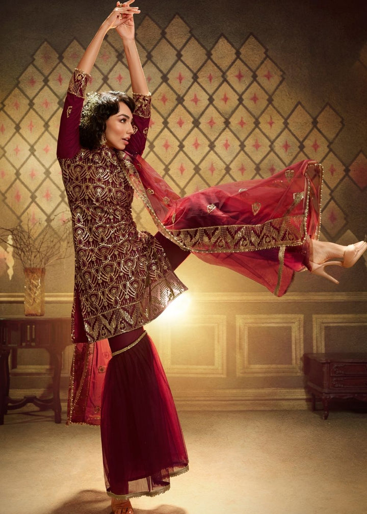 Berry Red Designer Soft Net Sharara Suit with overall Sequins work: Top Pick