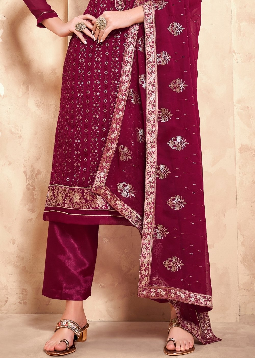 Ruby Pink Georgette Salwar Suit with Thread & Sequence Embroidery work By Qivii