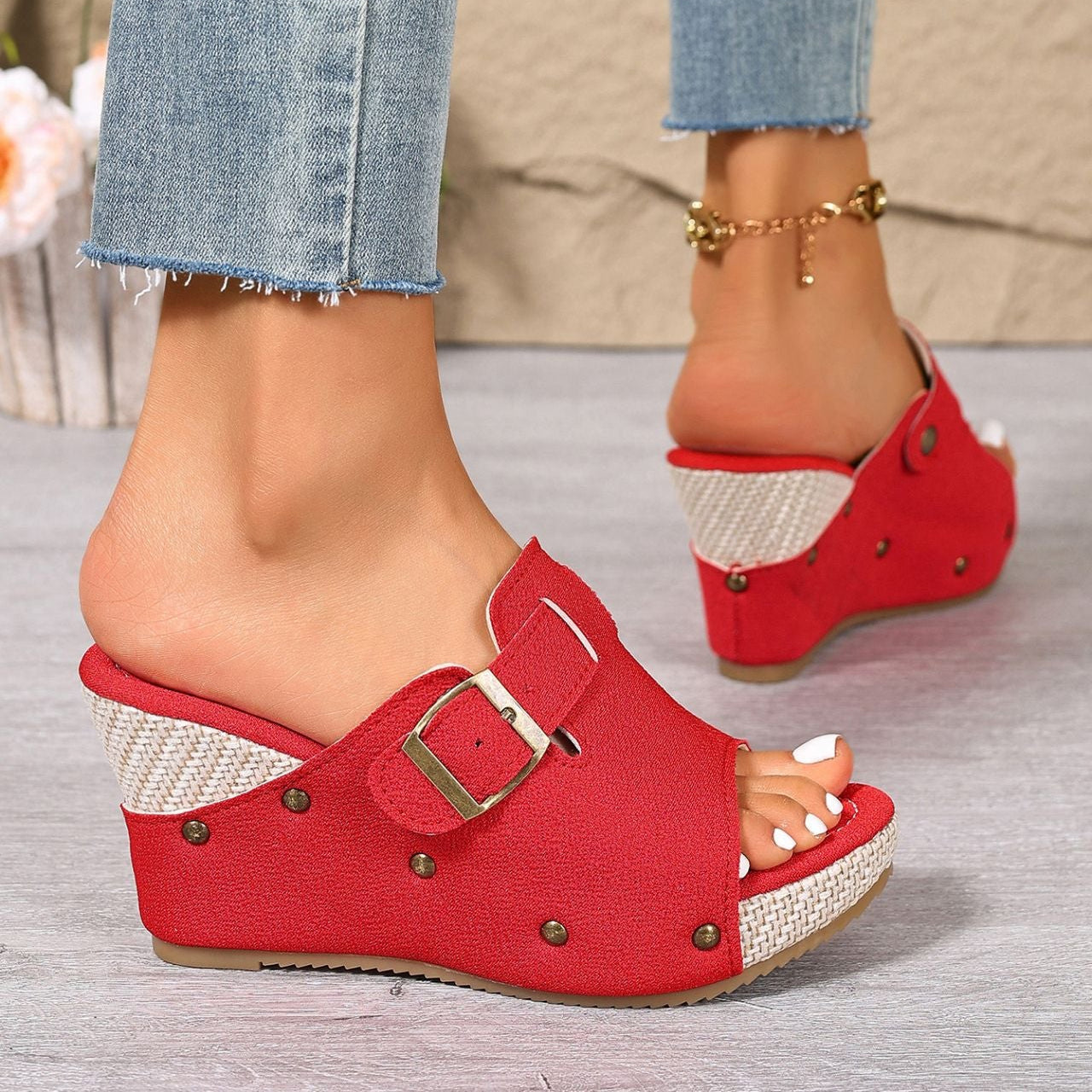 Women’s Sable Rivet Velcro Platform Wedge Sandals – Chunky Studded Slides with Adjustable Strap (US 4–10.5)