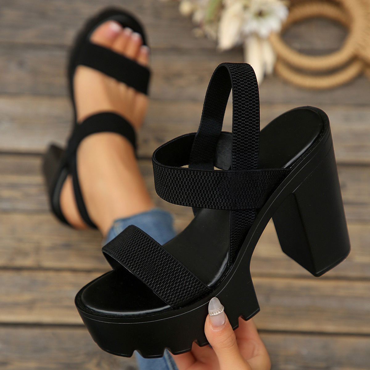 Women's Aveline One-Band Ultra-High Chunky Platform Slide Sandals – Elastic Back Strap Slip-On Heels (US 4–10.5)