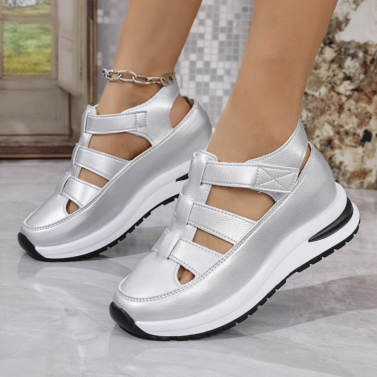 Women's Plus Size Hollow-Out Casual Sandals – Versatile Thin Platform with Height-Boosting Thick Sole
