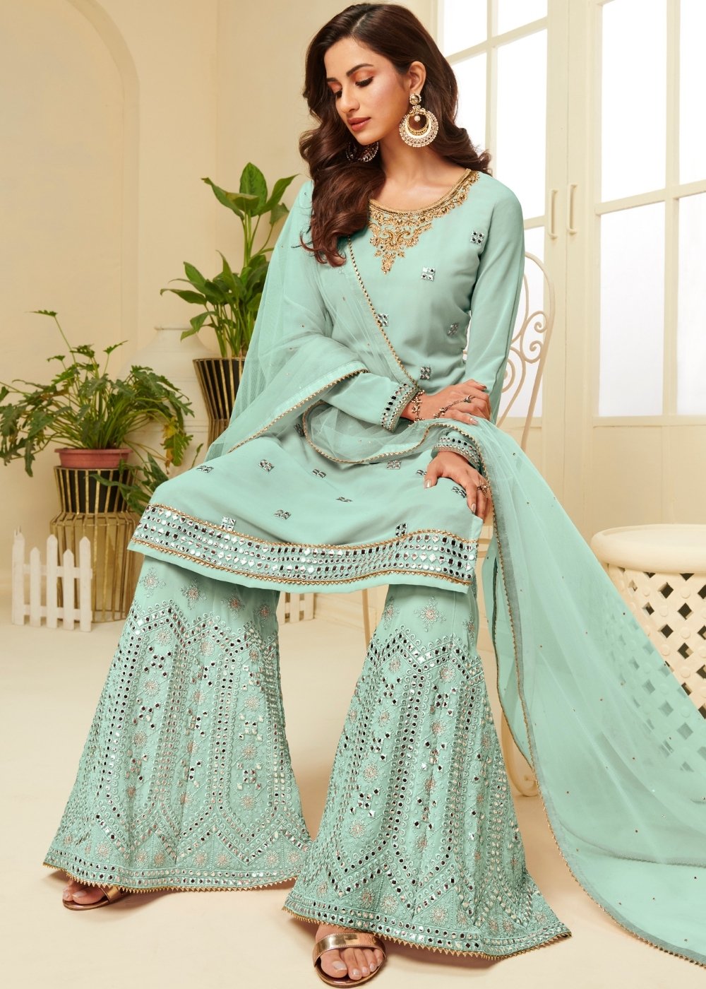 Powder Blue Georgette Sharara Suit with Gota work & Embroidery By Qivii