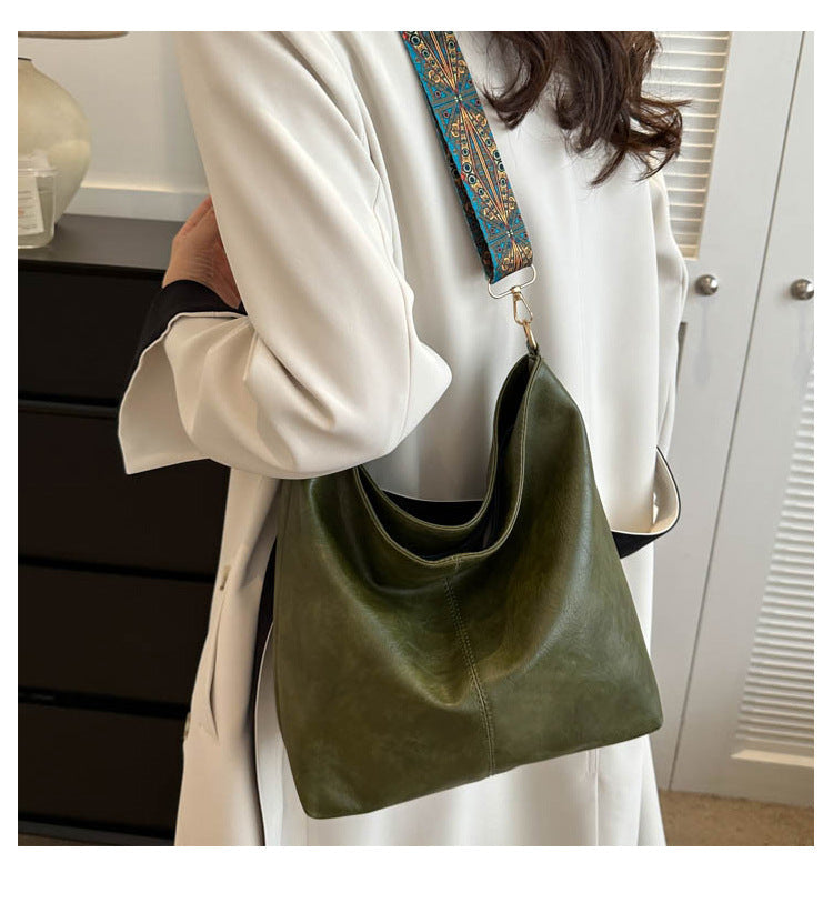 Women's Convertible Crossbody Bucket — Monochrome PU Carryall with Artisan-Embroidered Strap