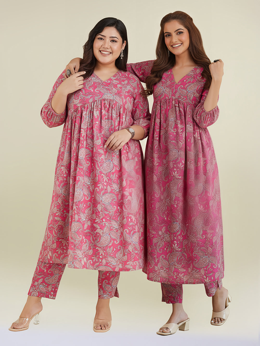 Pink Pure Cotton Floral Printed A-Line Kurta Pant Set - qivii