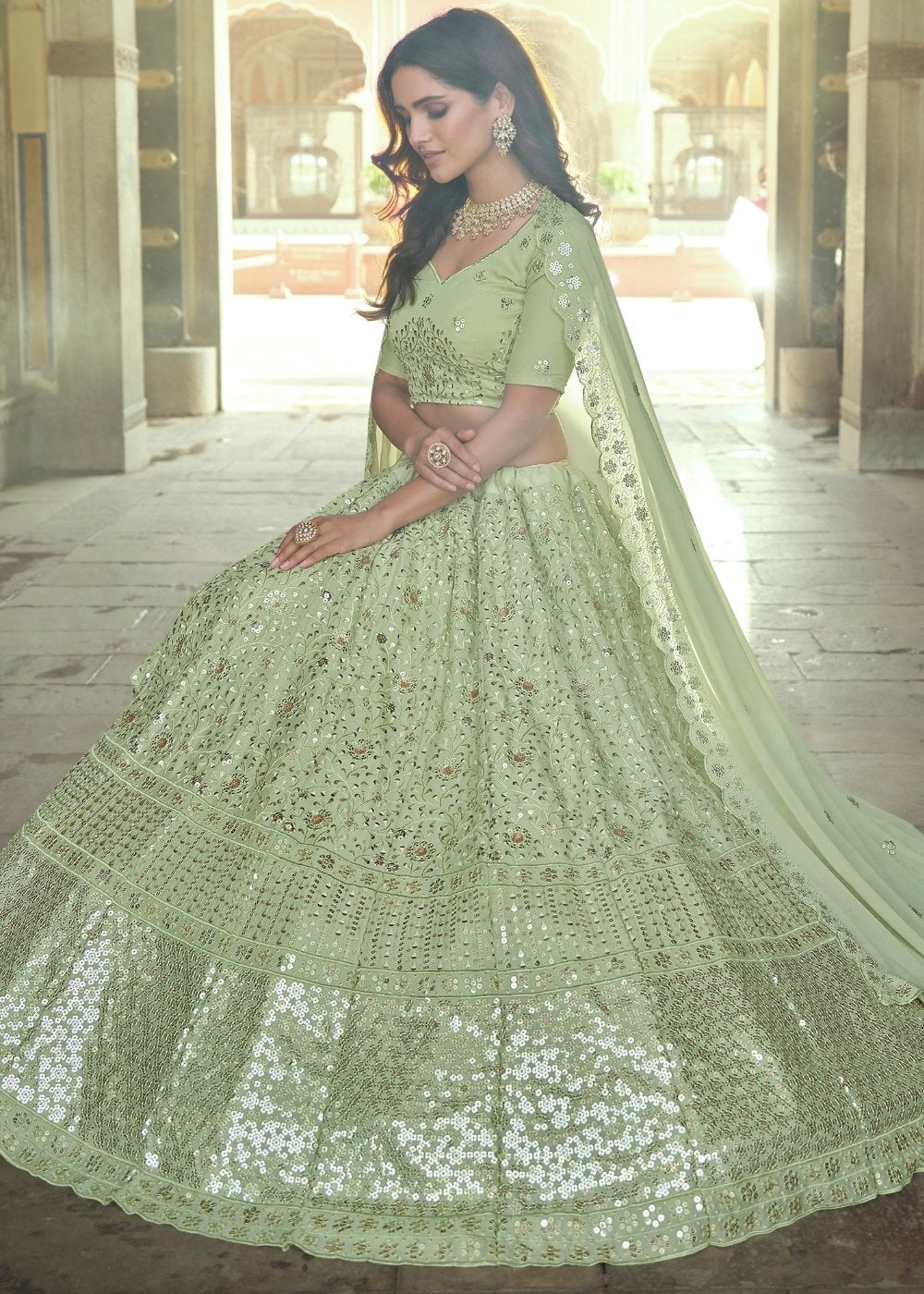 Mint Green Georgette Lehenga Choli with Sequins & Thread work