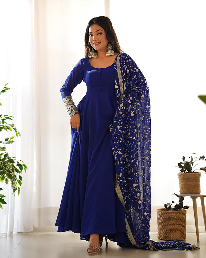 Royal blue soft georgette anarkali suit with heavy embroidery work dupatta by Qivii, perfect for special occasions and events