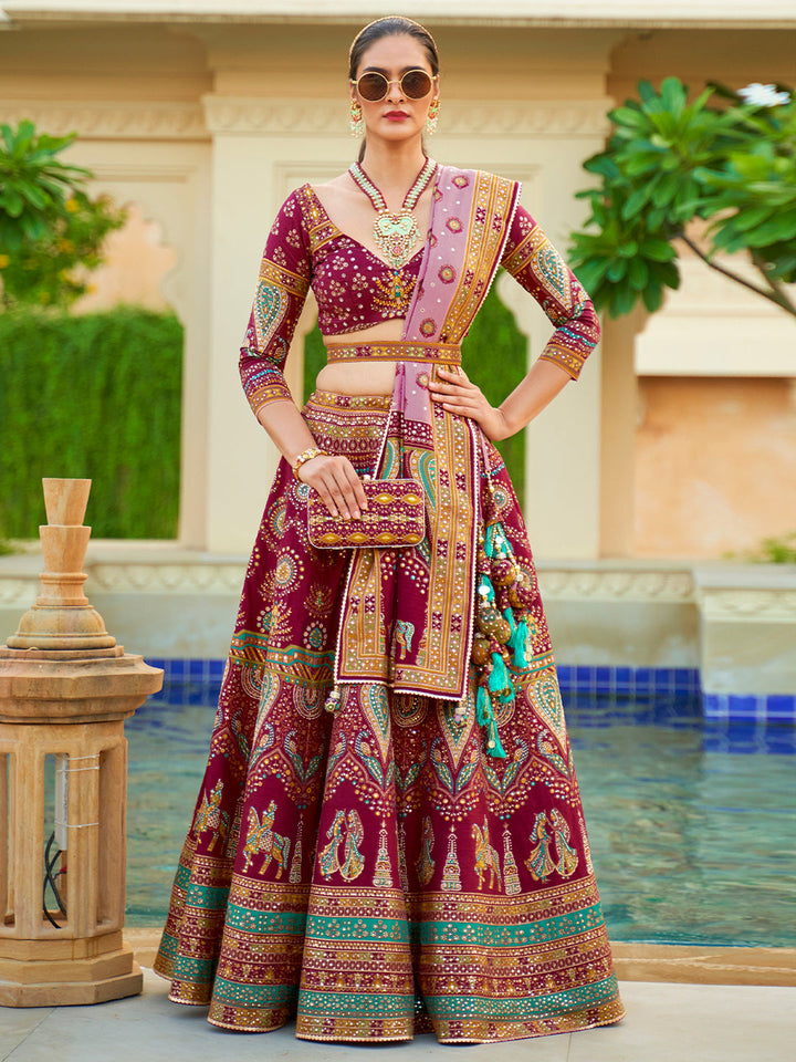 Burgundy Shade Designer Silk Ready to Wear Lehenga Choli With Sparkle & Mirror Work