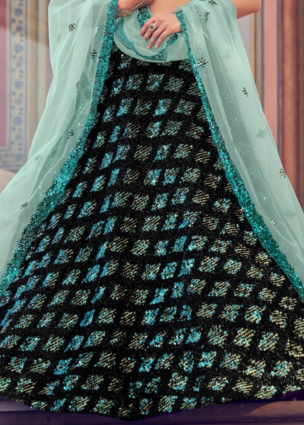 Black & Green Designer Lehenga Choli with Sequins work | Ready To Wear - qivii