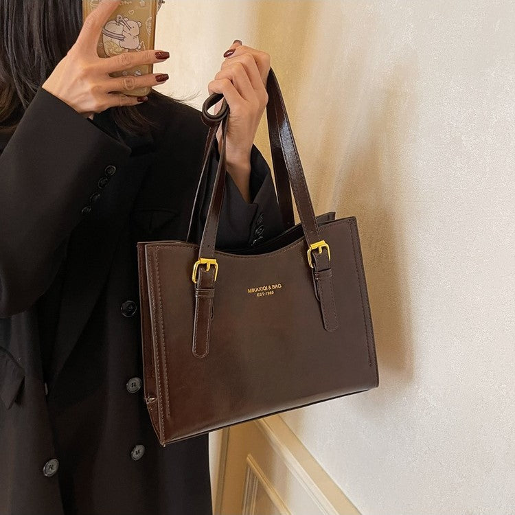 Women's Retro-Vintage Structured Tote Bag – Medium Horizontal PU Tote with Zippered Top, Dual Shoulder Straps & Phone Pocket