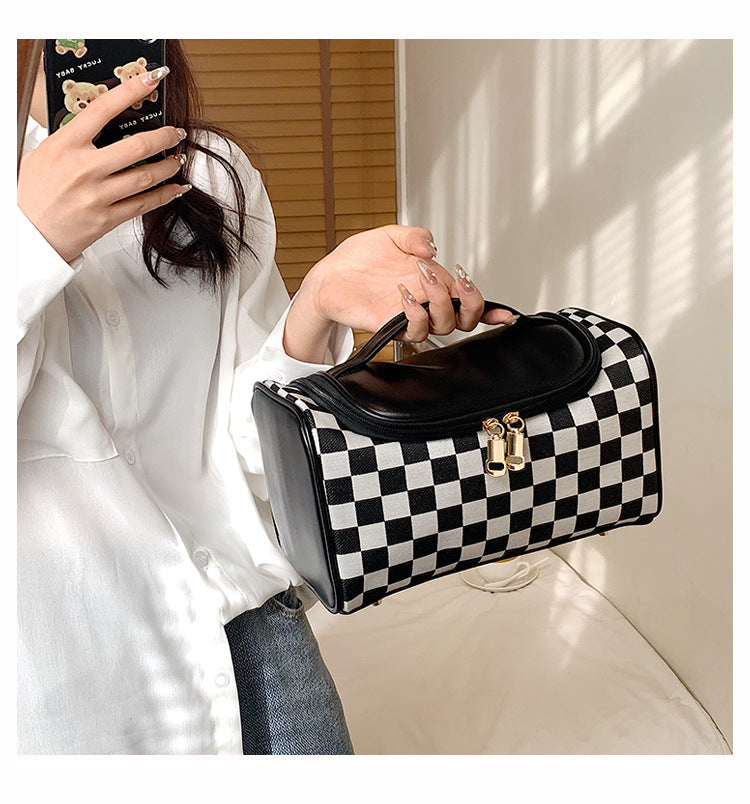 Women's Large Checkered Makeup Organizer – Oversized Travel Toiletry Bag with Zippered Pockets & Detachable Strap | Waterproof Patchwork Cosmetic Case