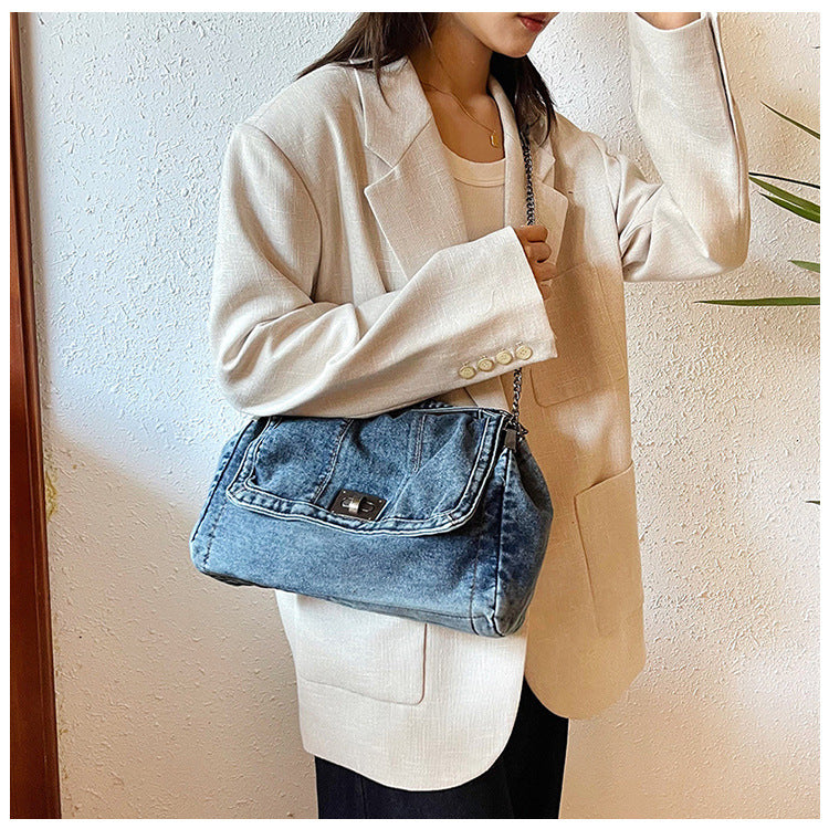 Women's Vintage Denim Tote Bag – Casual Chain Strap Shoulder Bag with Spacious Compartment Retro Commuter Essentials