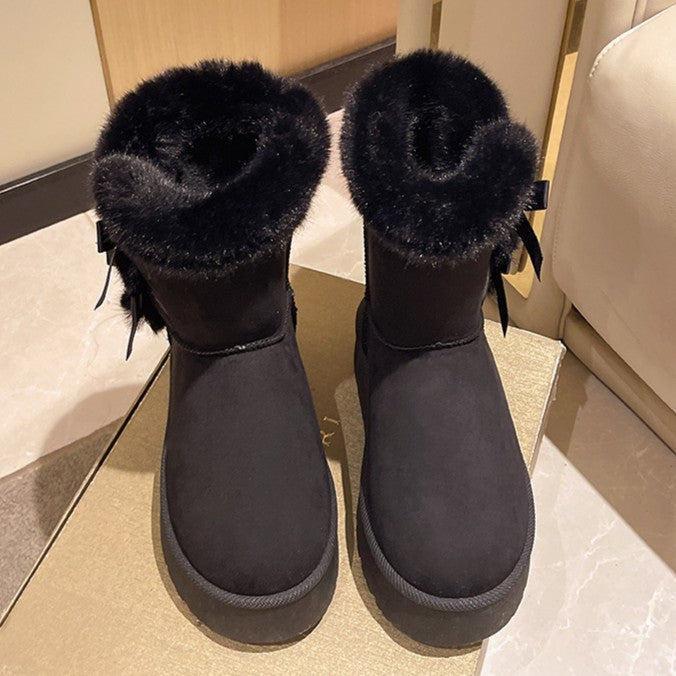 Women's Bow-Knit Cozy Winter Boots - Shearling Lined Chunky Platform Snow Boots (US 5-9.5)