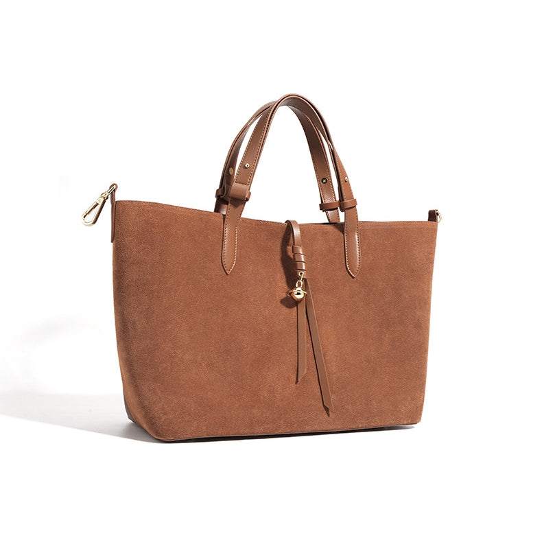 Ounamei Genuine Leather Suede Tote Bucket Bag for Women | Large Capacity Retro Shoulder & Handbag, Elegant Autumn Winter Design