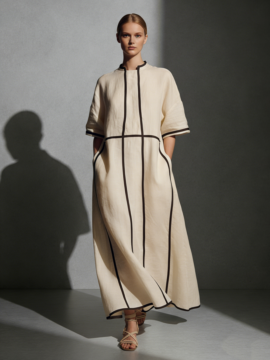 Women's Modern Linen Blend Beige Stand-Collar Half-Sleeve Contrast-Line Pocketed Maxi Dress MDA2924L4AU