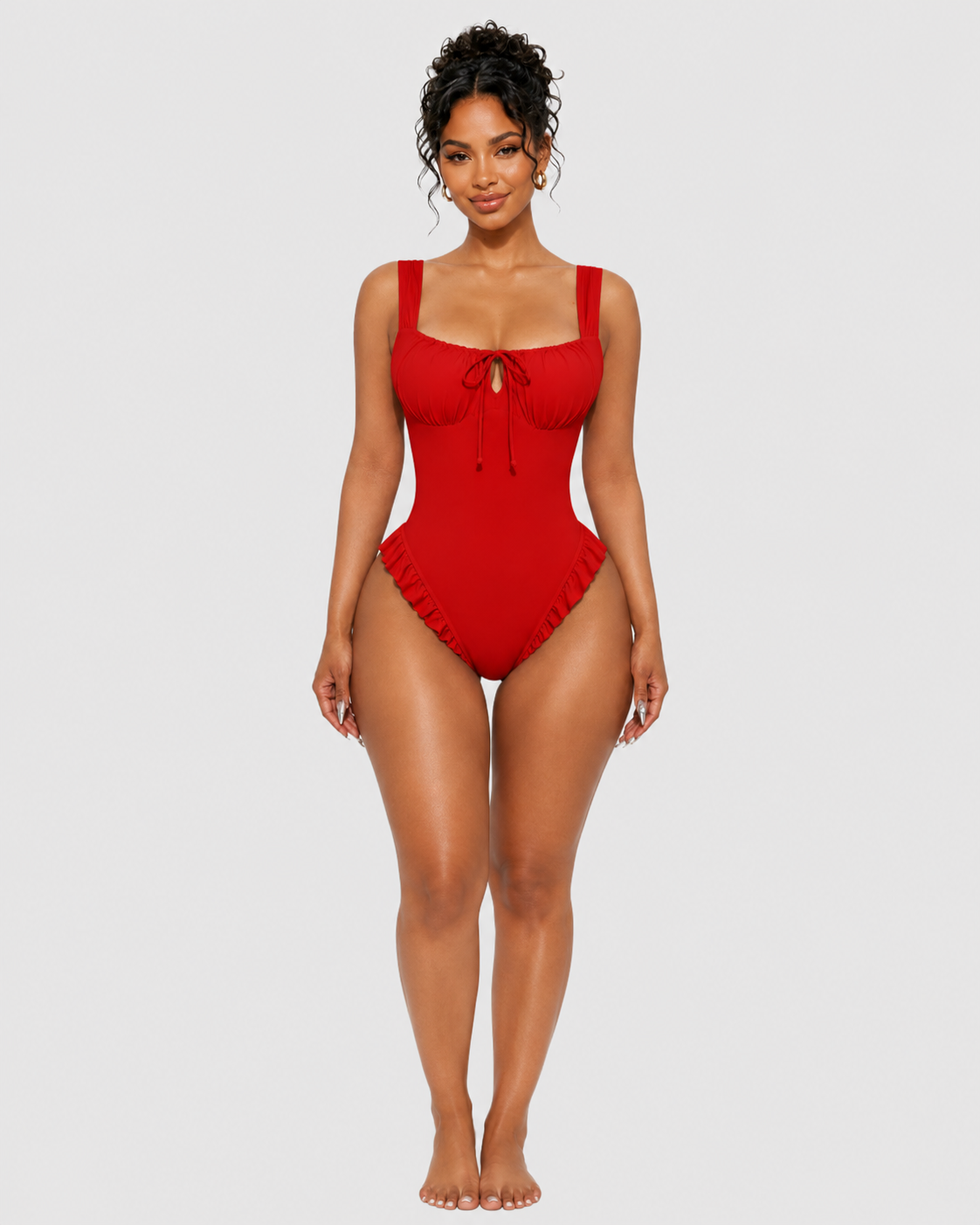 Square Neck Front Tie Ruffle Hem One Piece Swimsuit  - By Qivii