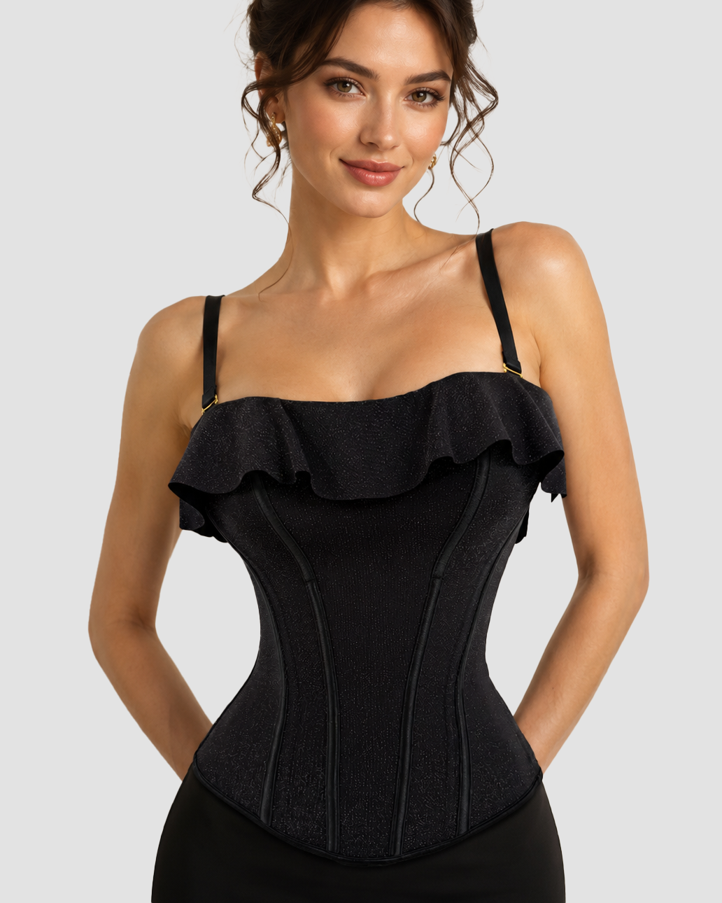 Black Shimmer Ruffle Trim Corset Top with Adjustable Straps