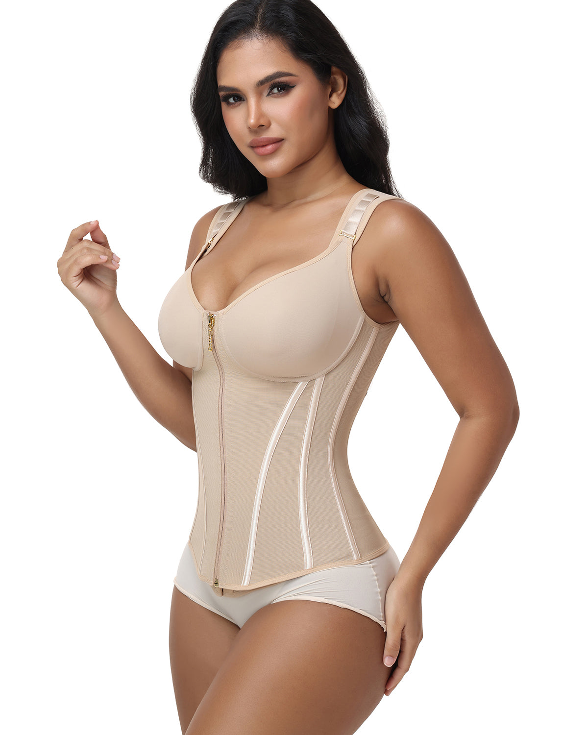 V Neck Underwire Cup Wide Adjustable Strap Zipper Waist Trainer Shaping Vest