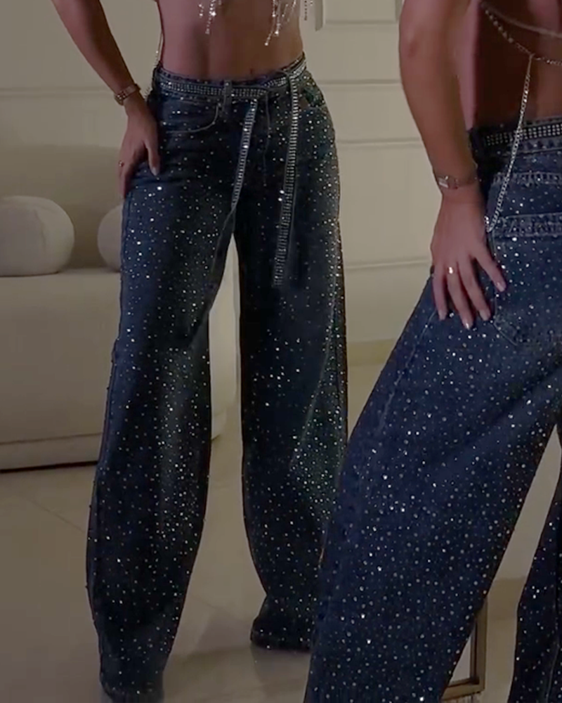 Fashionable Washed Mid Waist Diamond Studded Straight Leg Jeans  - By Qivii