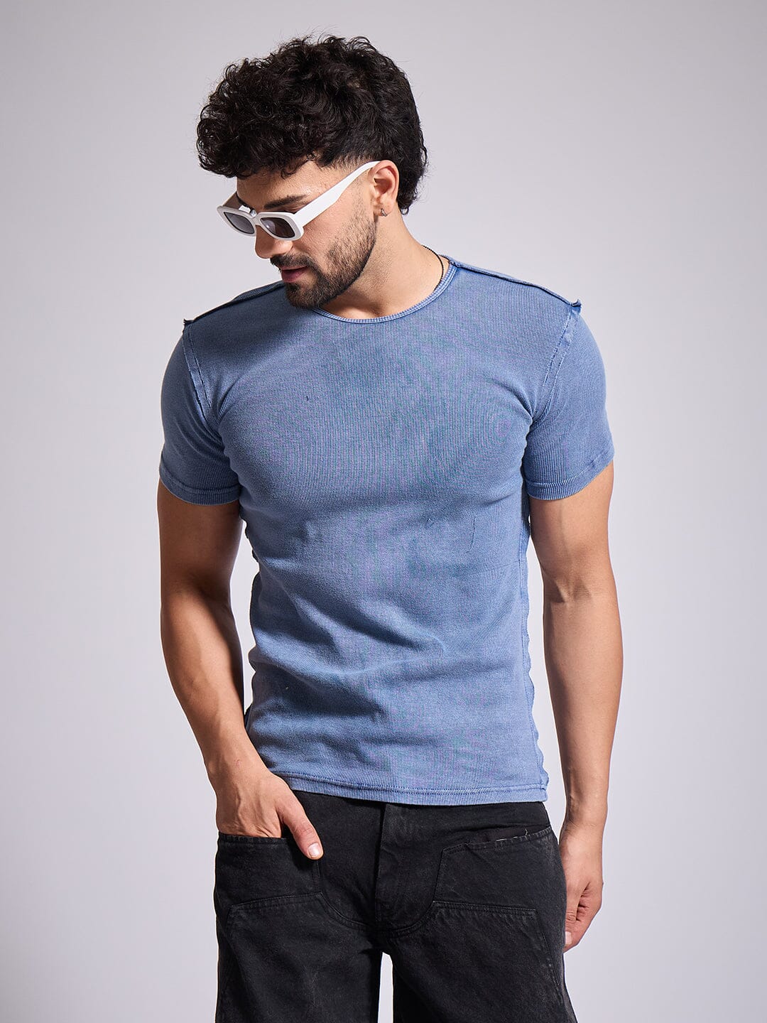 Blue Ribbed Short Sleeve Tshirt