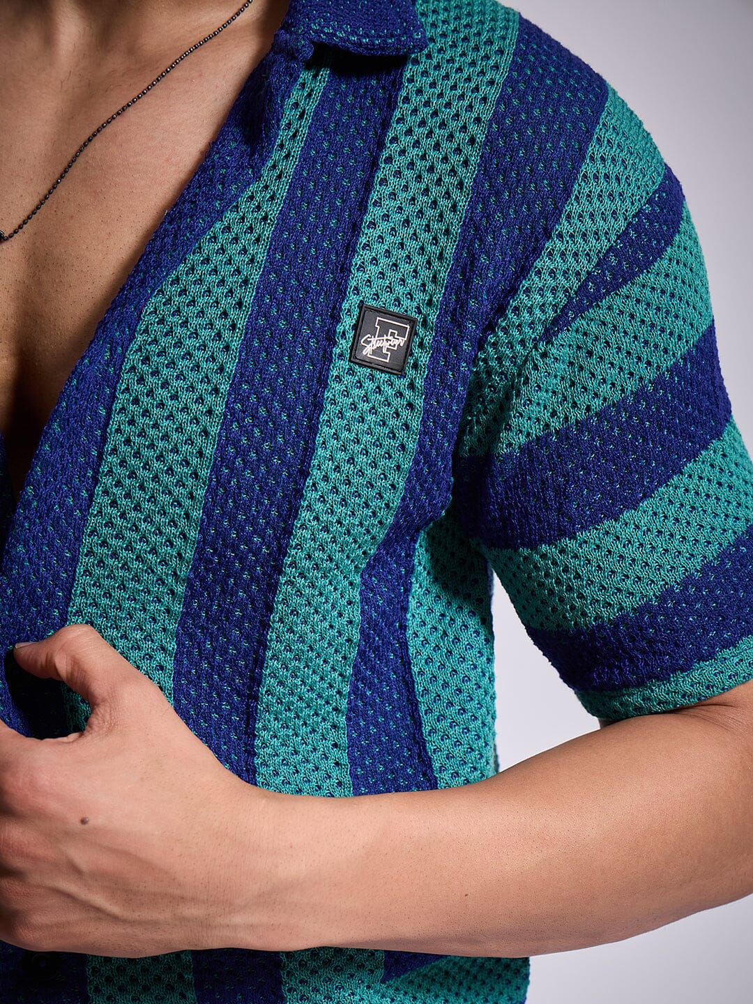 Green & Blue Striped Crochet Shirt - qivii