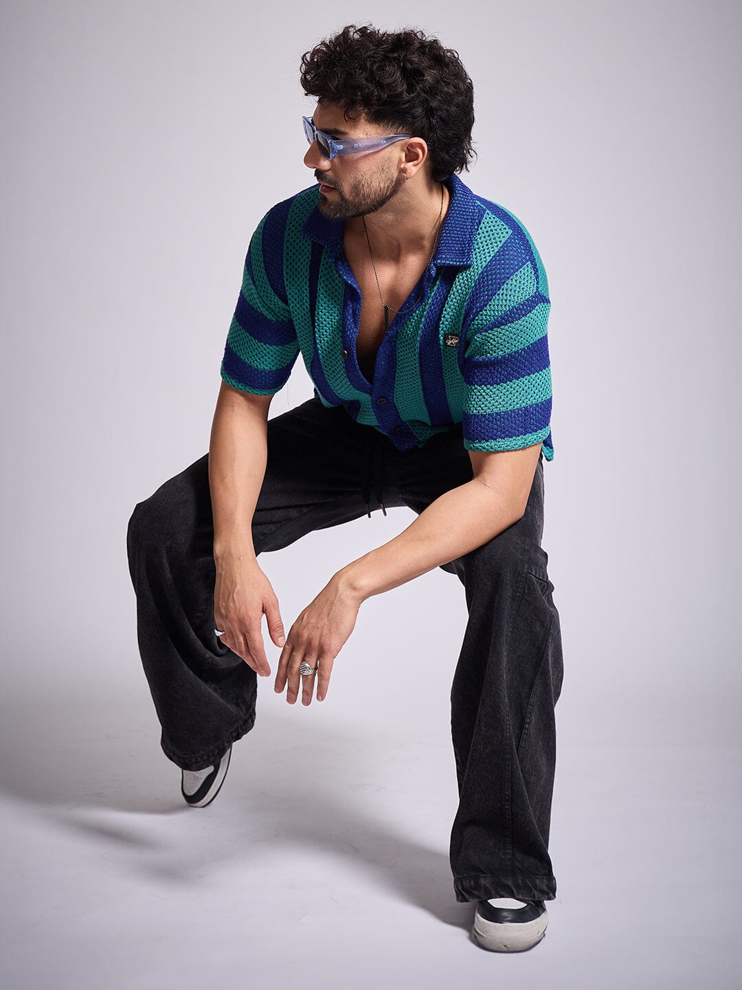 Green & Blue Striped Crochet Shirt - qivii