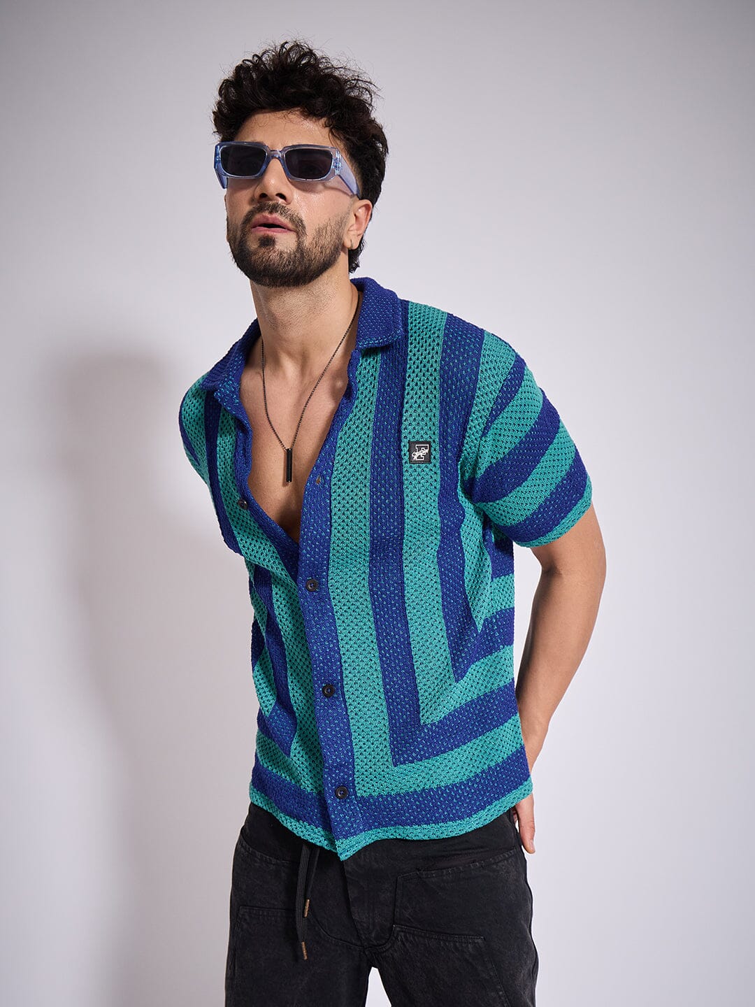 Green & Blue Striped Crochet Shirt - qivii