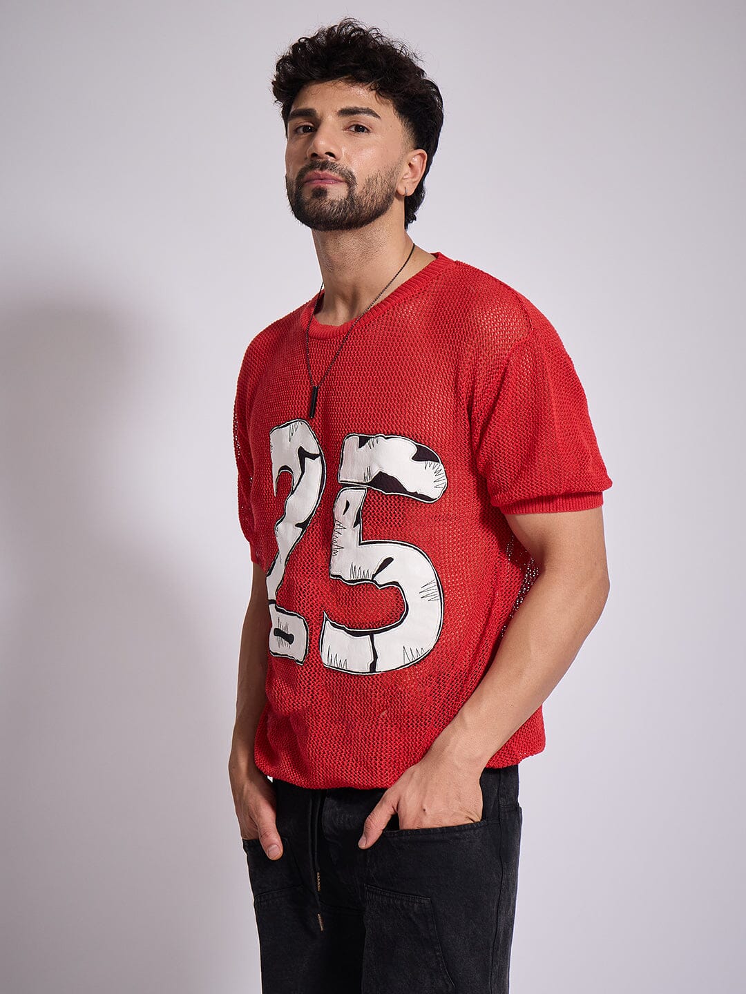 Red Knitted PU Applique Tshirt