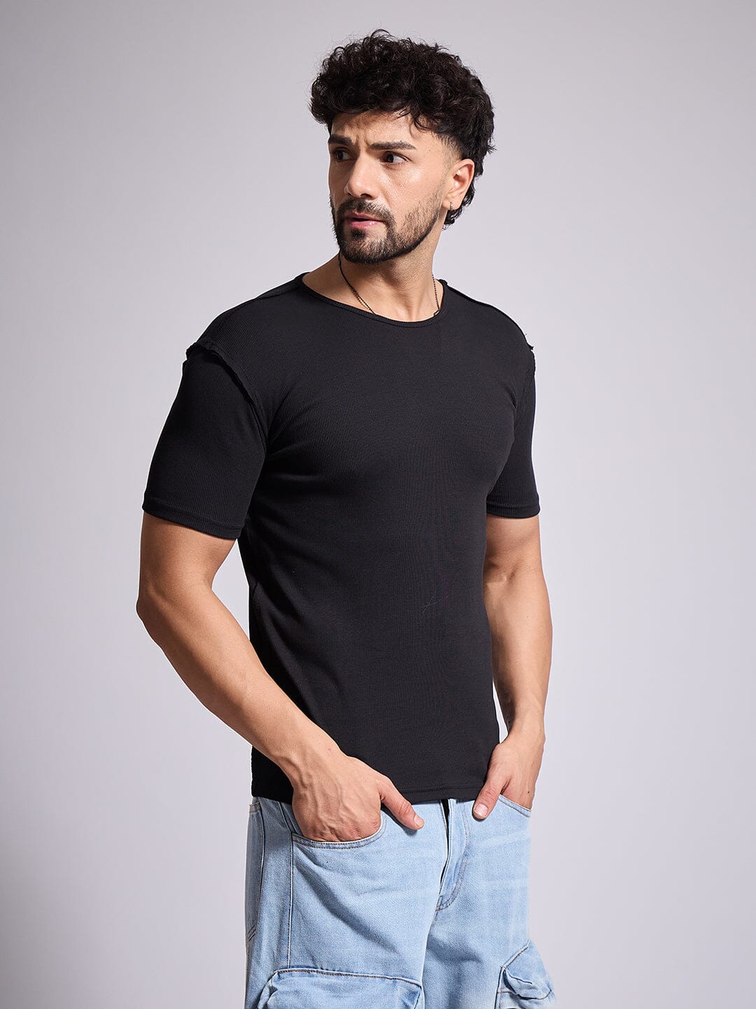 Black Ribbed Short Sleeves Tshirt
