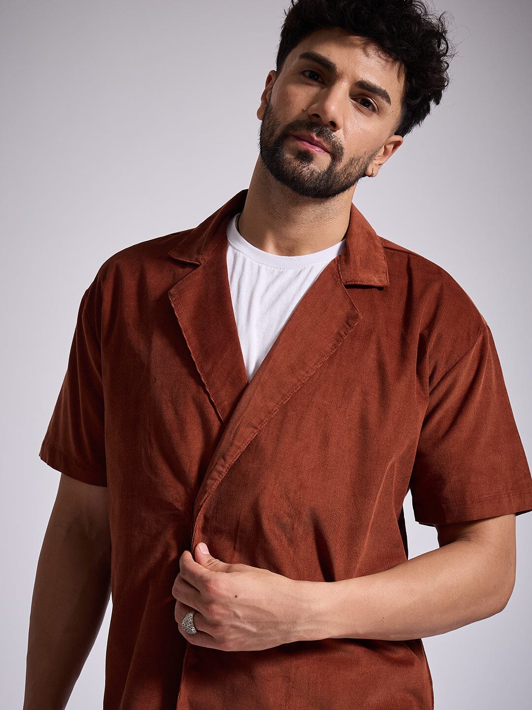Brown Corduroy Unibutton Cuban Shirt - qivii