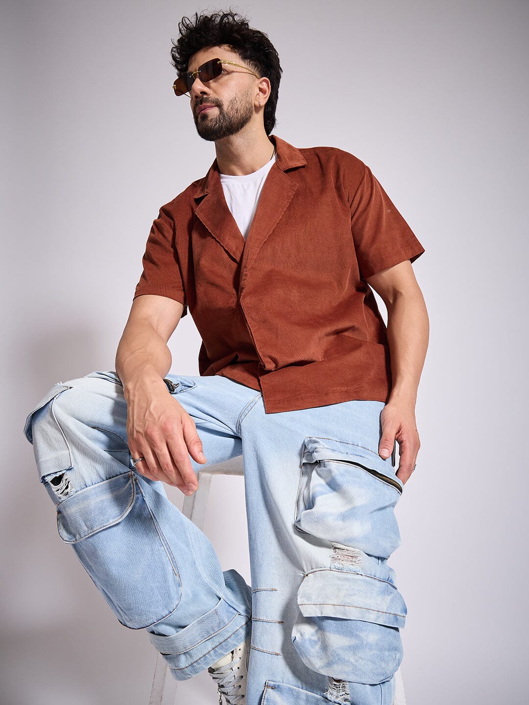 Brown Corduroy Unibutton Cuban Shirt - qivii