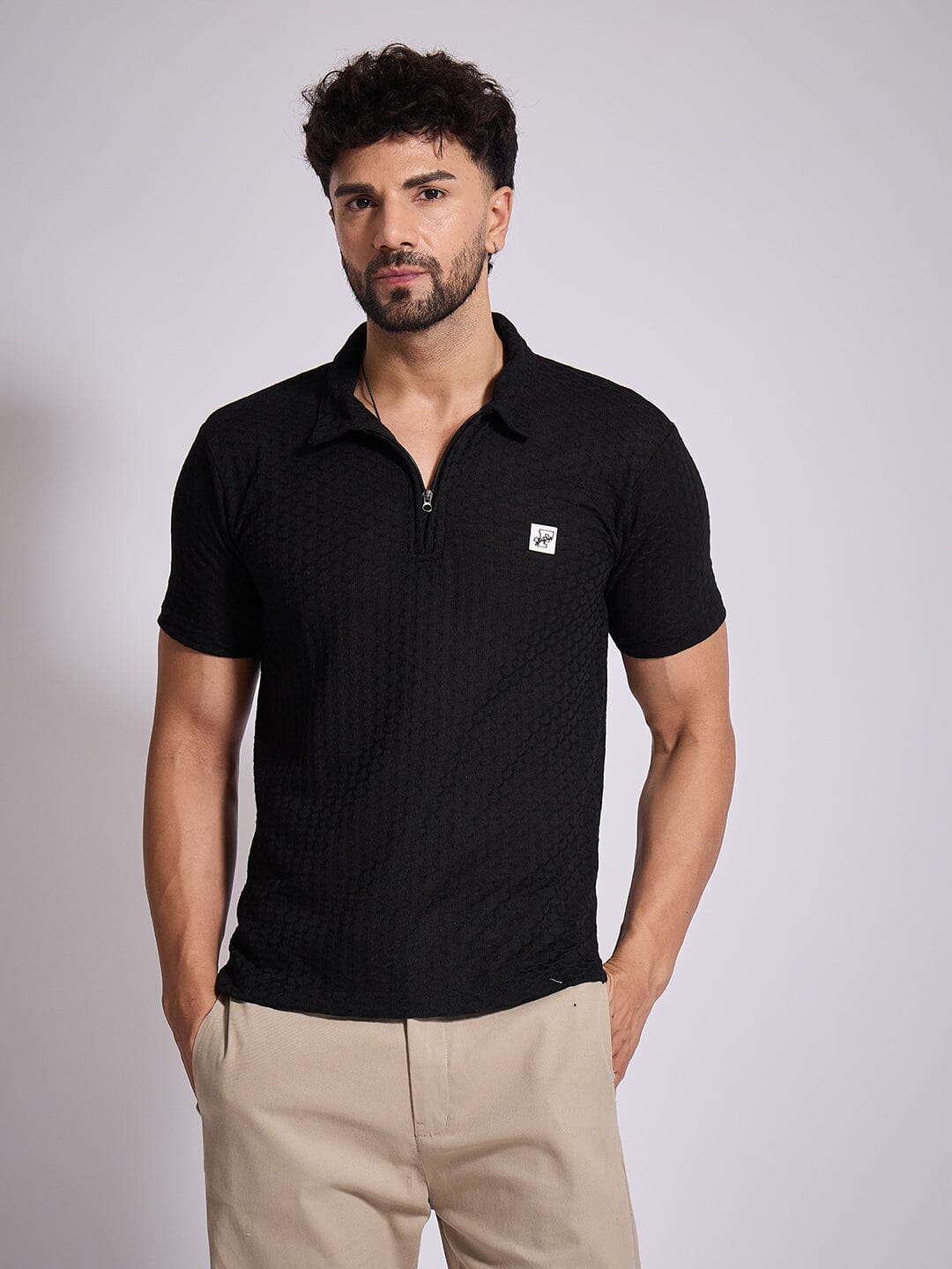 Black Textured Knitted Polo Tshirt