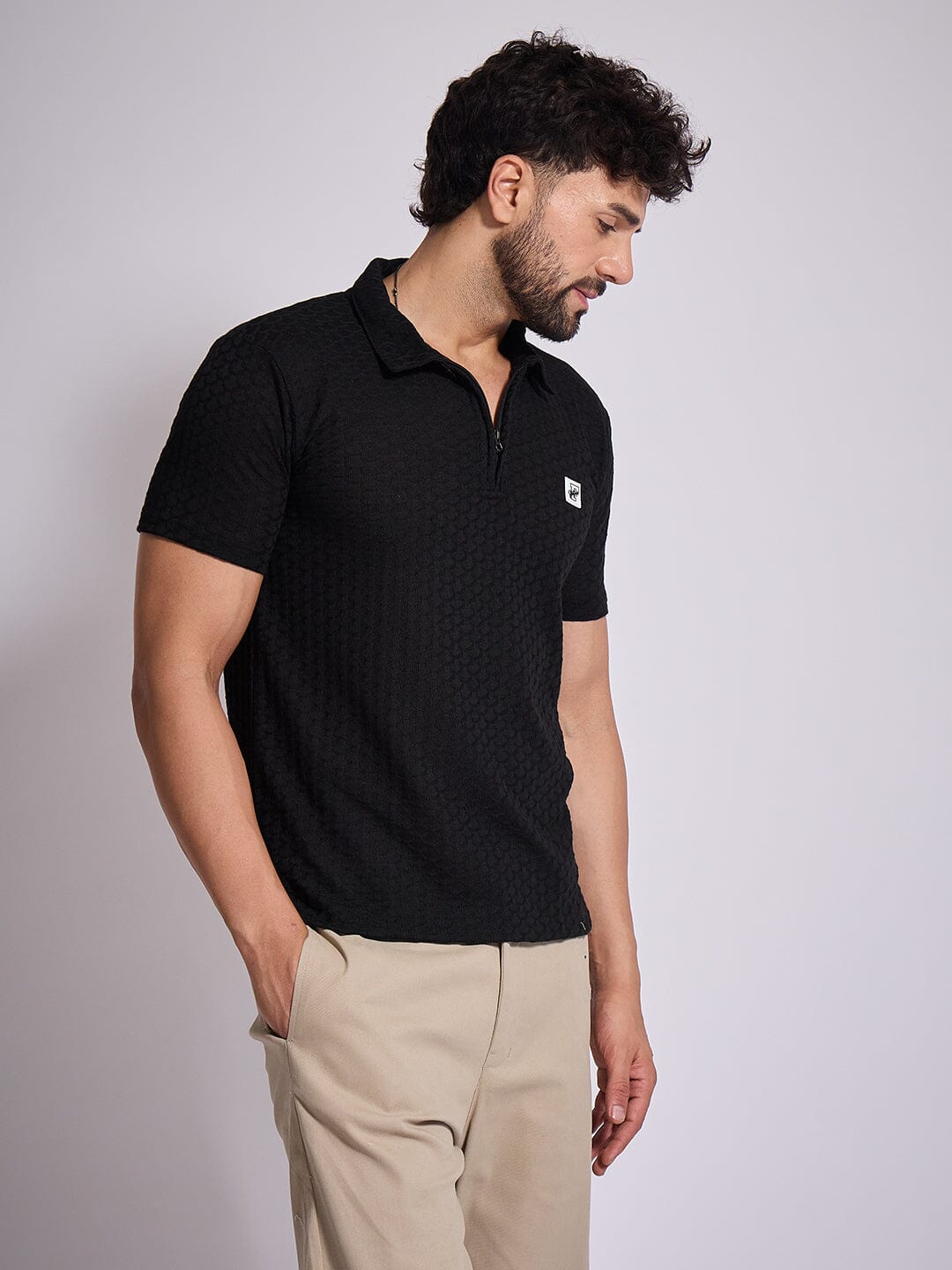 Black Textured Knitted Polo Tshirt