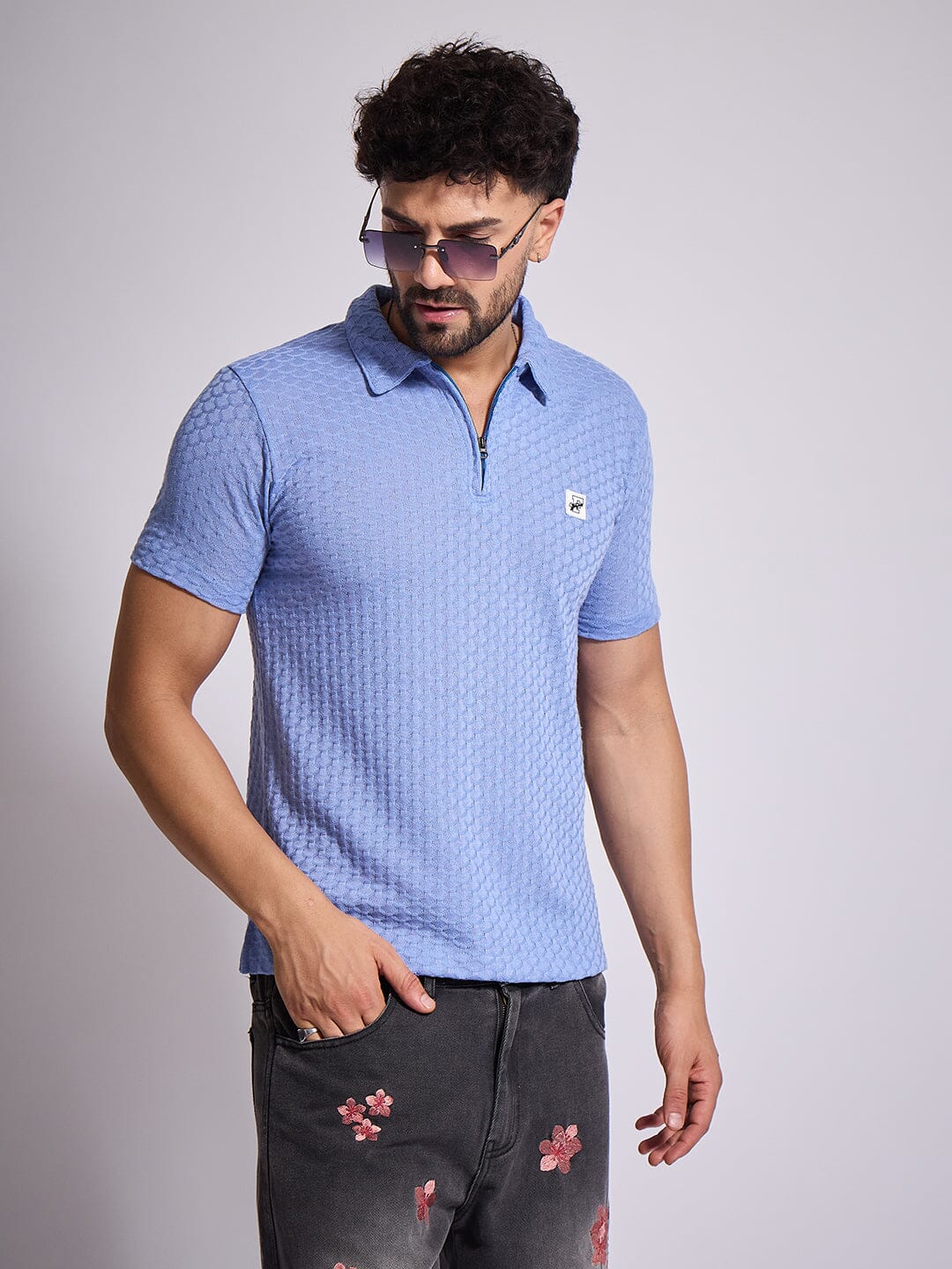 Airy Blue Textured Knitted Polo Tshirt