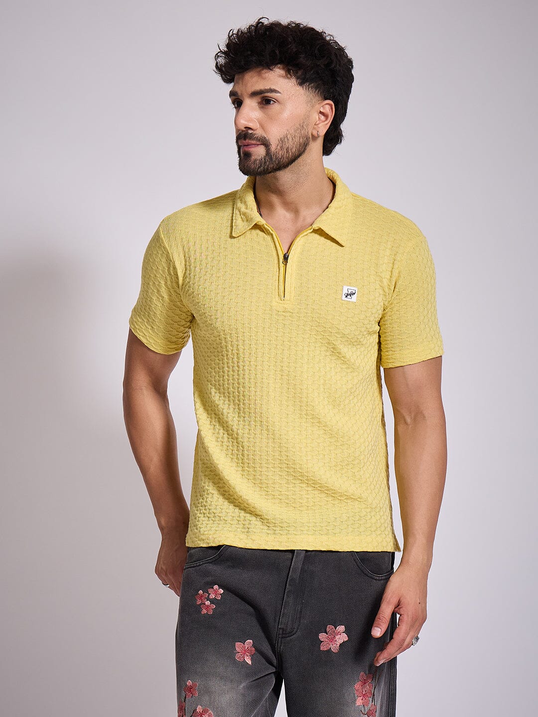 Lemon Textured Knitted Polo Tshirt