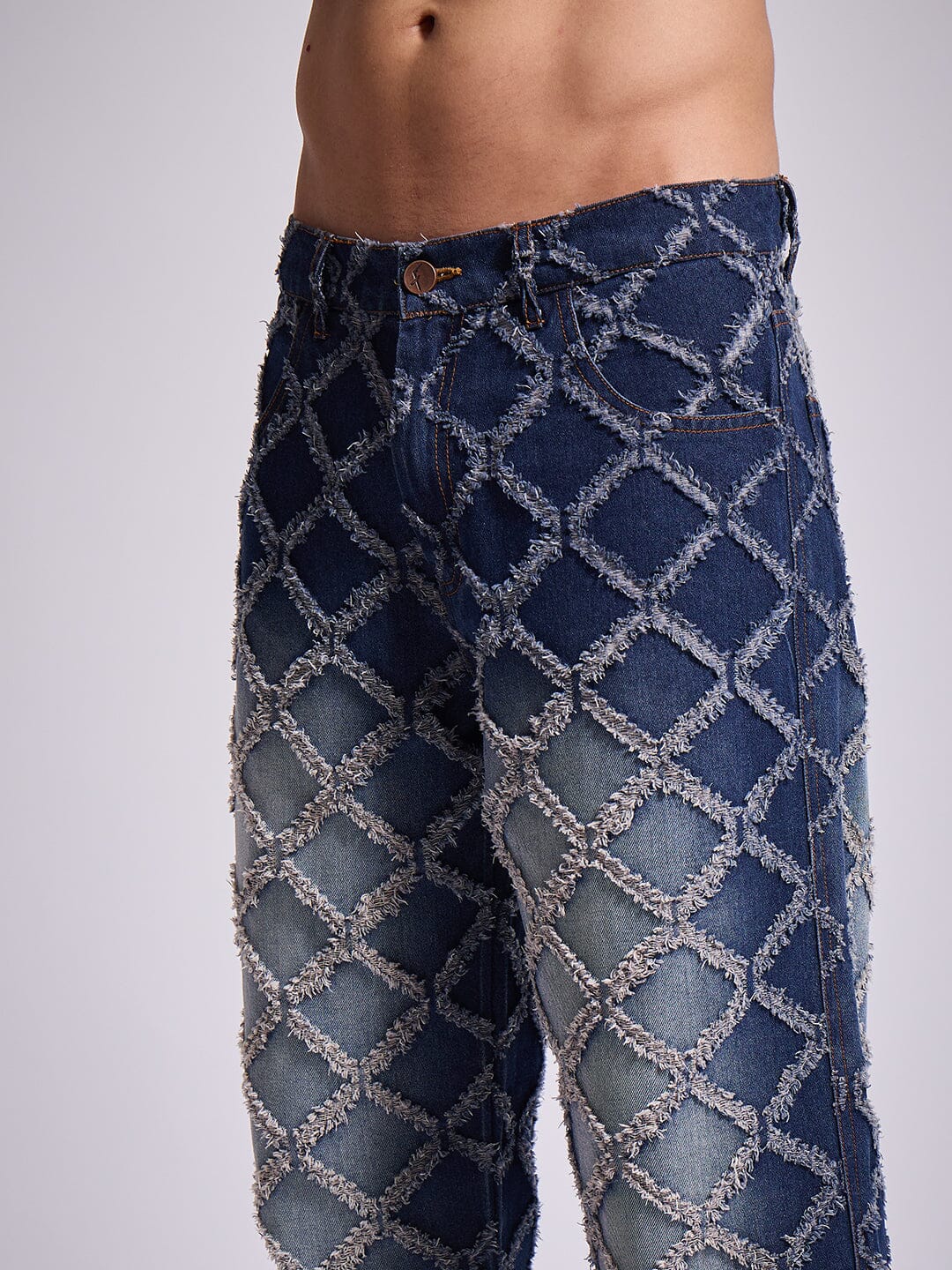 Dark Washed Distressed Patterned Straight Fit Denim