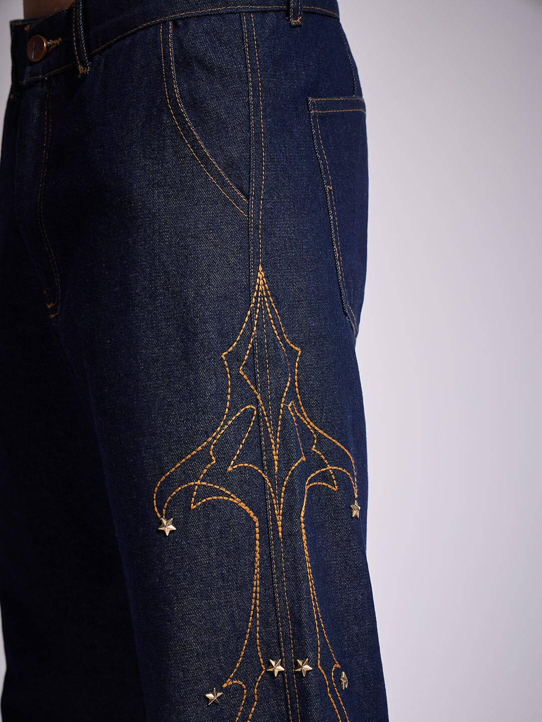 Dark Wash Mayan Embroidery Riveted Flared Denim