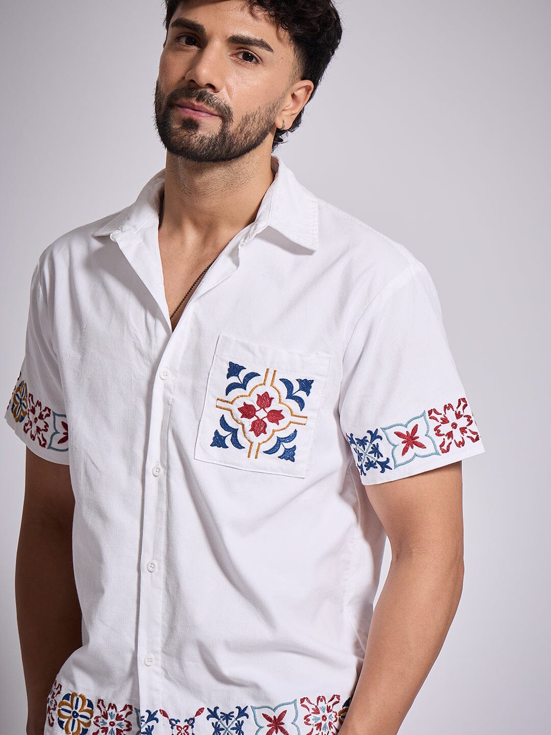 White Patterned Embroidered Corduroy Shirt